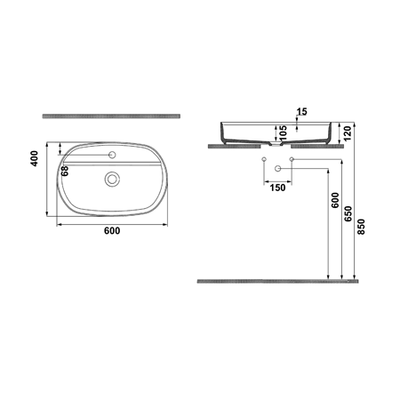 Hafele MILAGRO OB Lavabo,mat gri,600x400mm